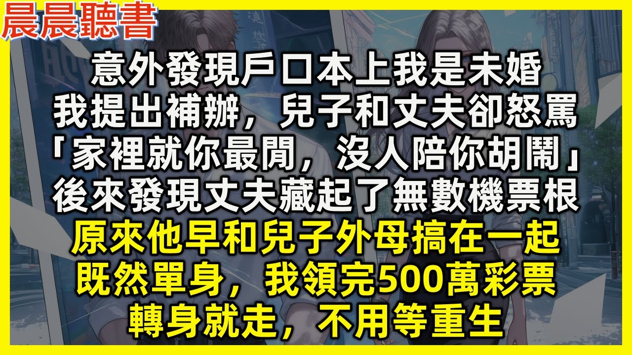 意外發現戶口本上我是未婚，我提出補辦，兒子和丈夫卻怒罵「家裡就你最閒，沒人陪你胡鬧」後來發現丈夫藏起了無數機票根，原來他早和兒子外母搞在一起，既然單身，我領完500萬彩票，轉身就走，不用等重生