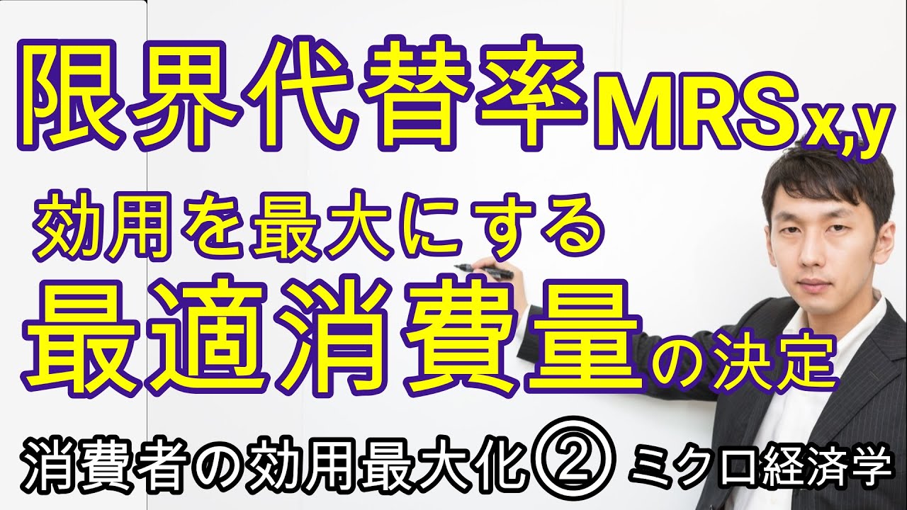 限界代替率・最適消費量(効用を最大にする消費量) [最適消費量の決定 その２]【ミクロ1章1節】