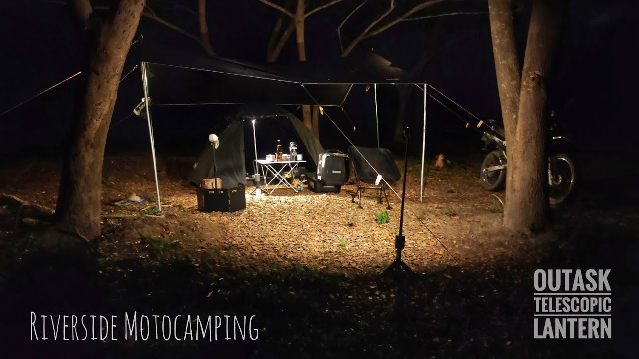 RIVERSIDE SOLO MOTOCAMPING ADVENTURE, SILENT VLOG, RELAXING, OUTASK TELESCOPIC LANTERN