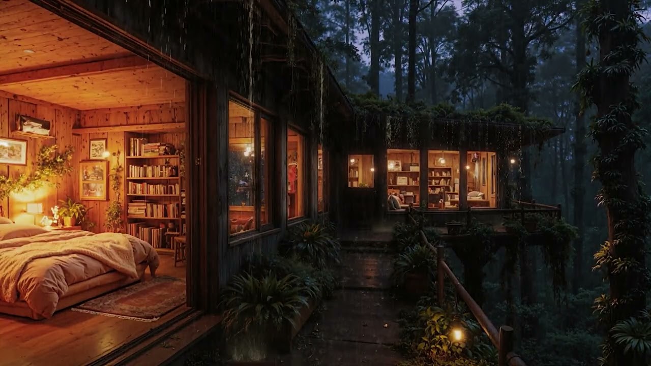 Gentle Rain Under Dark Forest Skies by a Cozy Cabin 🌧️🌲 | Sleep Better Tonight