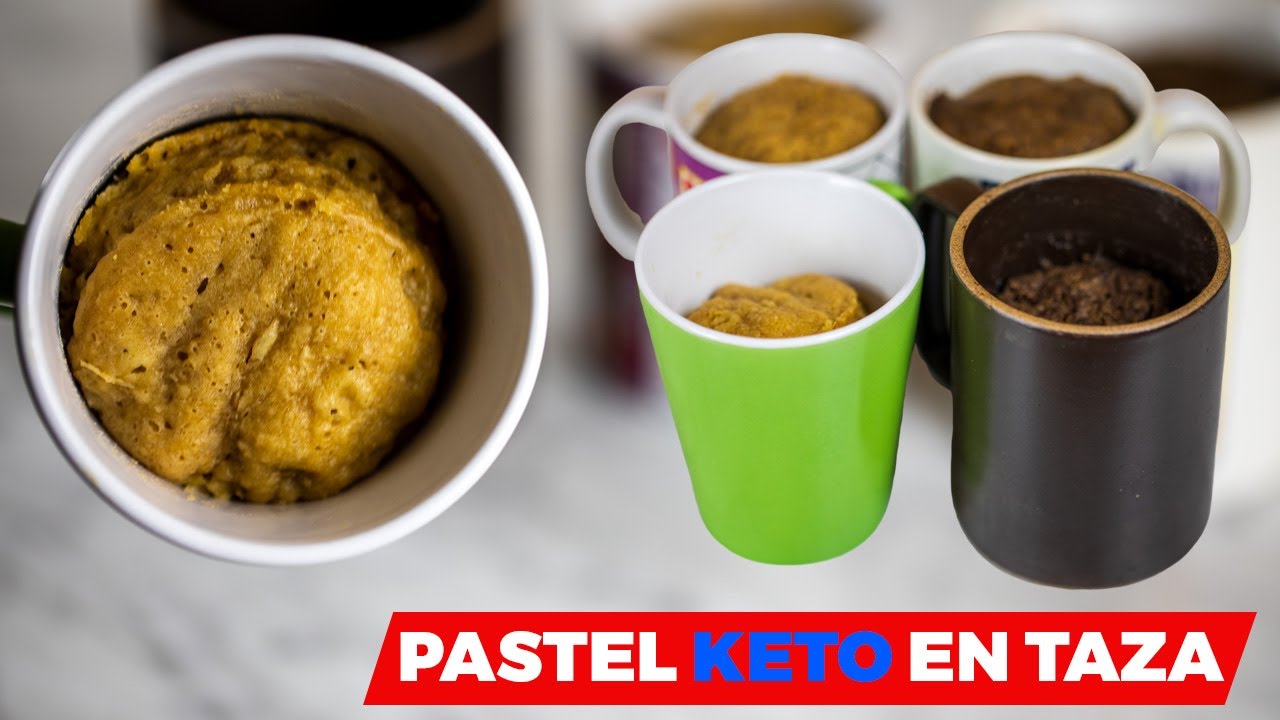 4 pasteles KETO EN TAZA  EN 2 MINUTOS O MUGG CAKE KETO SIN HORNO, de chocolate, café y vainilla