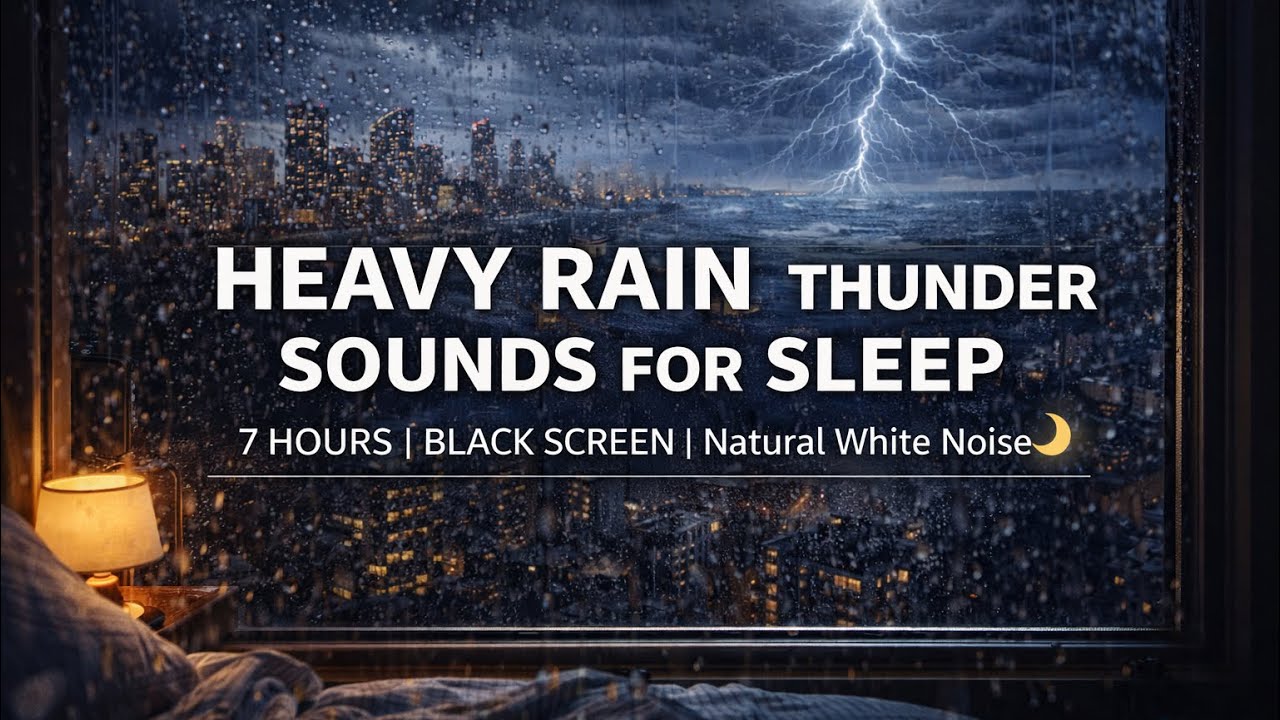 Heavy Rain and Thunder Sounds for Sleeping – 7 HOURS | BLACK SCREEN | Natural White Noise 🌙