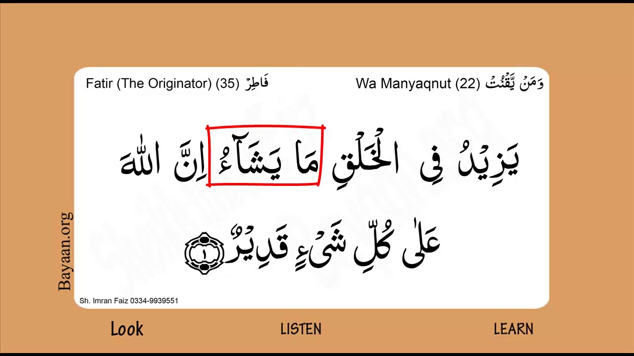 Learn Quran in English translation word by word learning,Fater   Originator,  035, Verse 001,