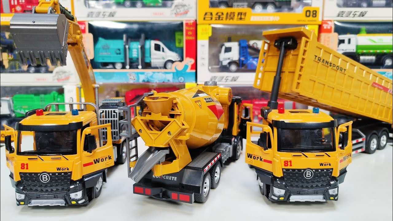 Diecast Trucks Of Construction Vehicle : Excavator, Mixer Truck, Dump Trailer Truck