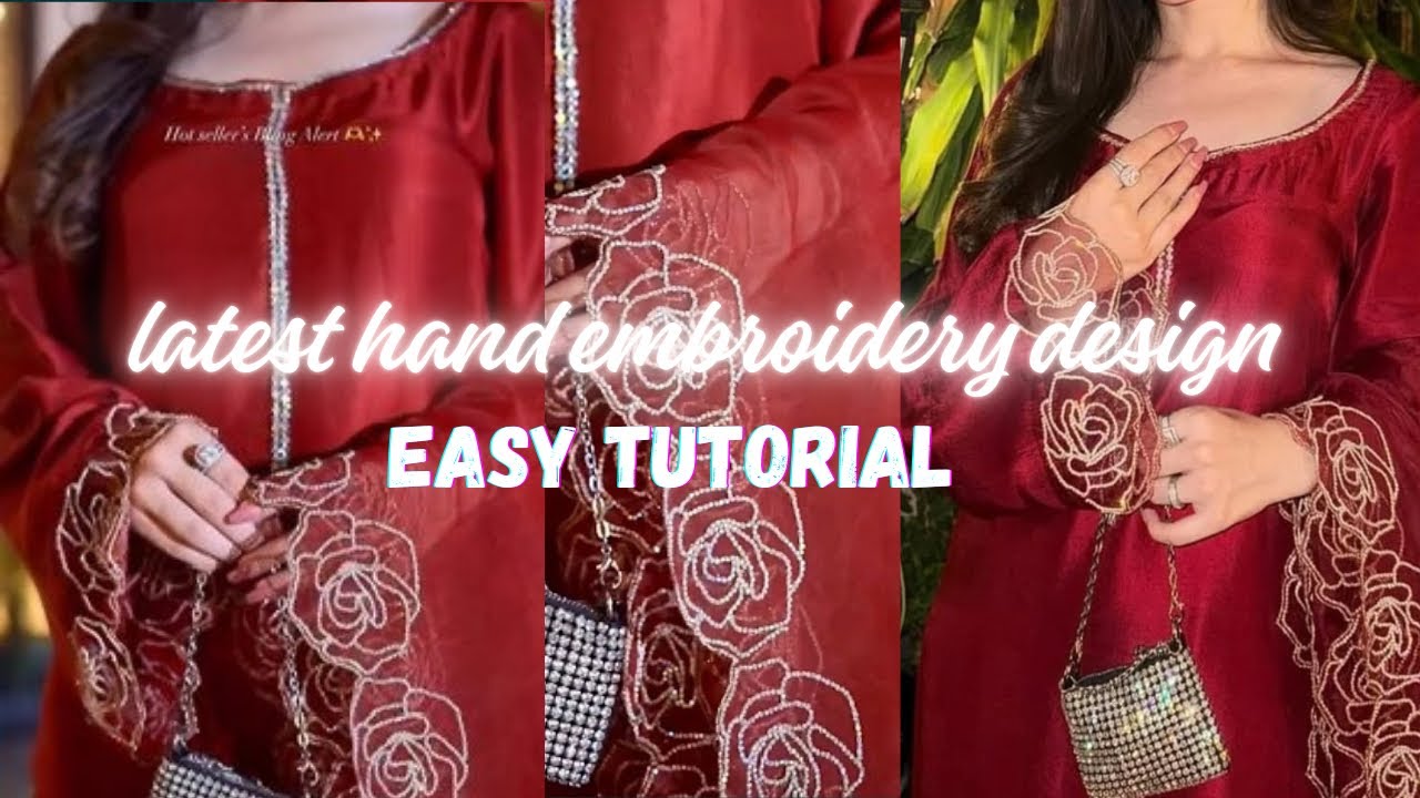 Latest rose sleeves design,handwork sleeves design tutorial, Pakistani stone work design tutorial 