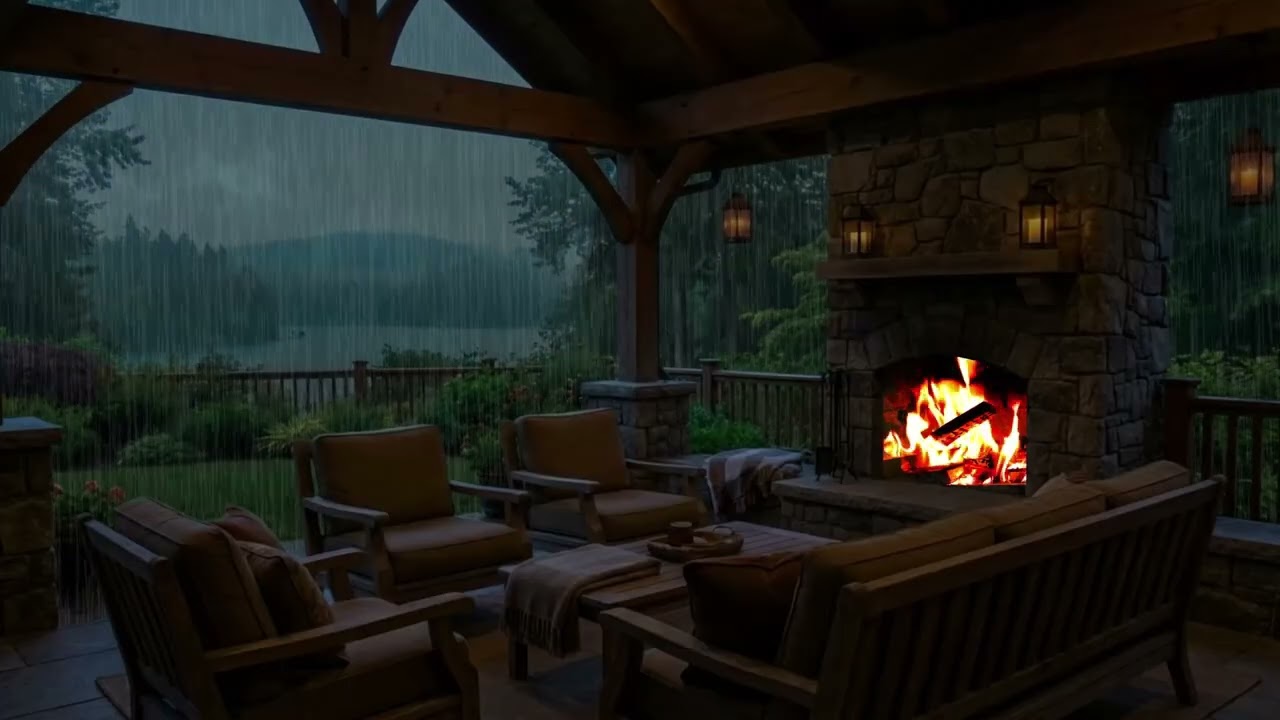 Outdoor Rain Sound With Fireplace | Relaxing, Calm, Soothing.