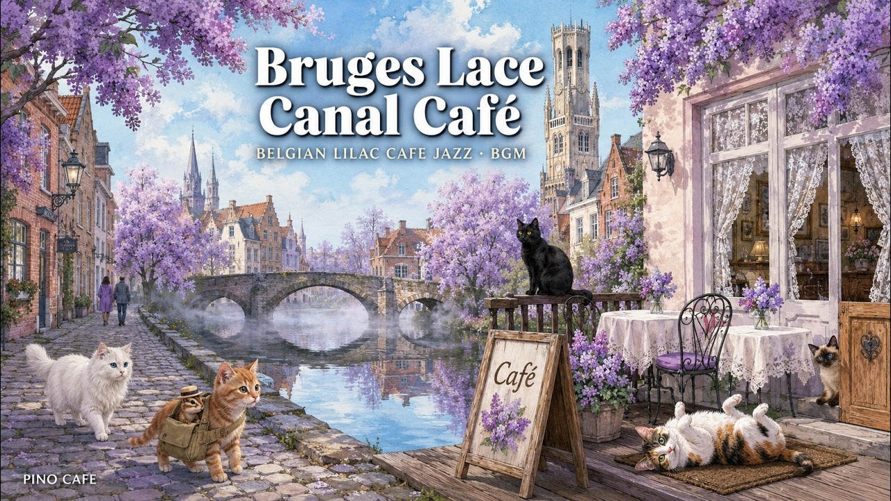 Kawiarnia w Brugii nad kanałem 🌷 | Godzina jazzu w kawiarni nad kanałem we mgle z bzem | Belgian Lil
