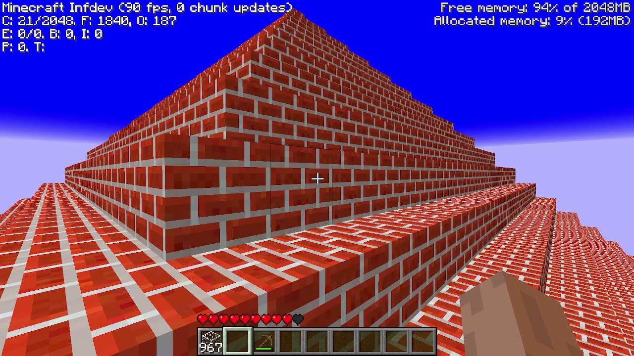minecraft inf-20100227: obsidian walls and brick pyramid.