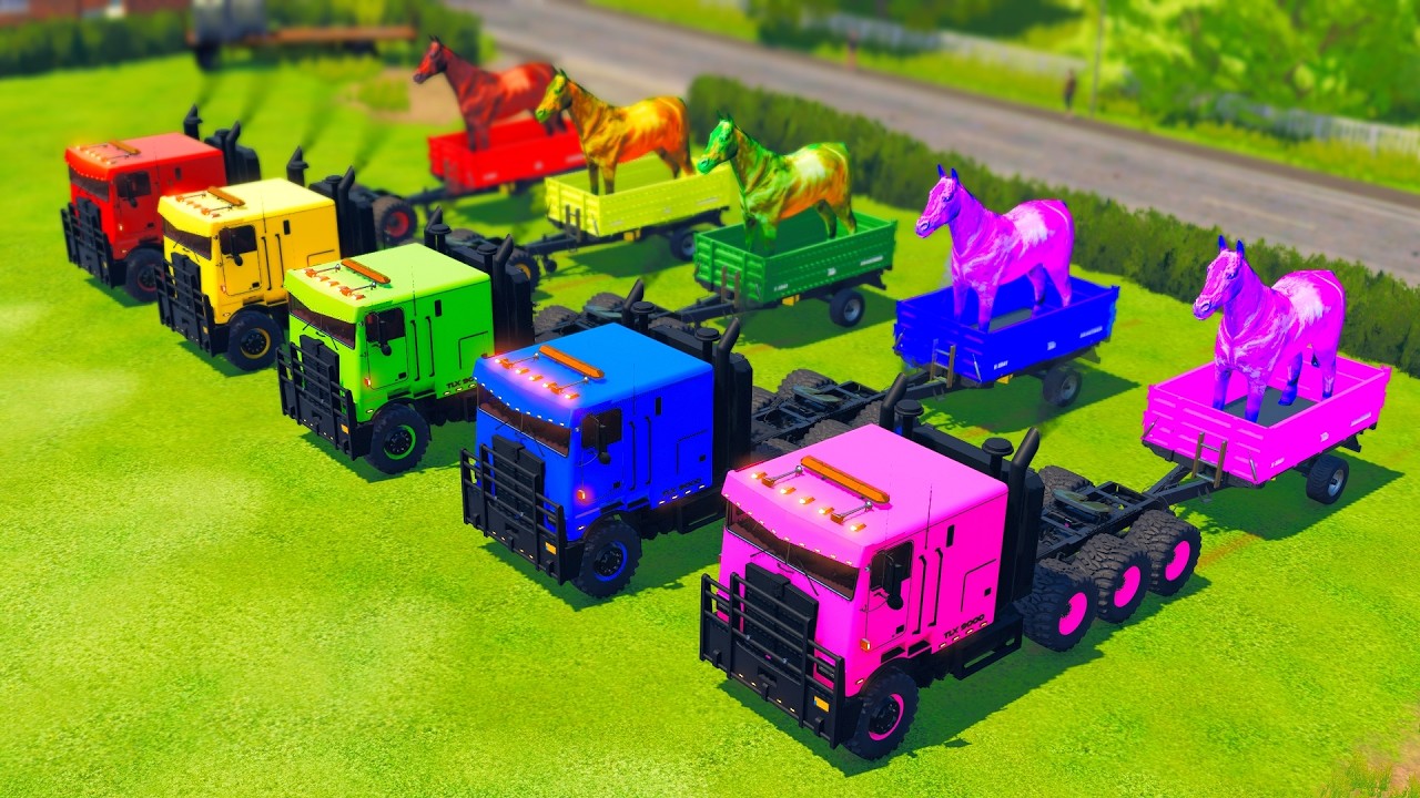 COLORFUL HEAVY TRUCKS TRANSPORTING HORSE THROUGH FUNNY OBSTACLES - Farming Simulator 22