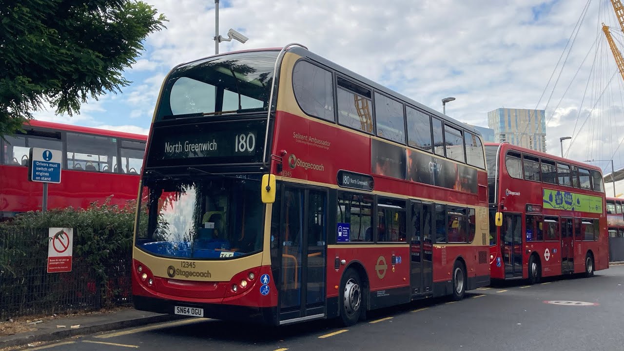 FRV. Stagecoach London Route 180 Erith, Fraser Road - North Greenwich. Enviro400h 12345 (SN64 OGU)