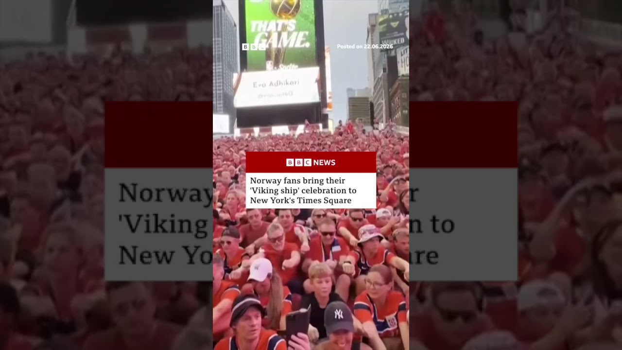 Norway fans show off their unique 'Viking ship' celebration in Times Square. #BBCNews