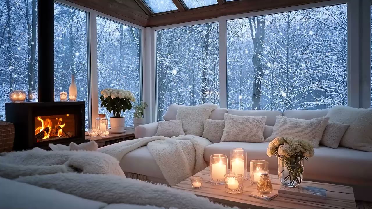 🌙🔥 Luxury Winter Piano Room | Snow Falling Outside & Soft Floral Vibes | Calm Nights, Healing