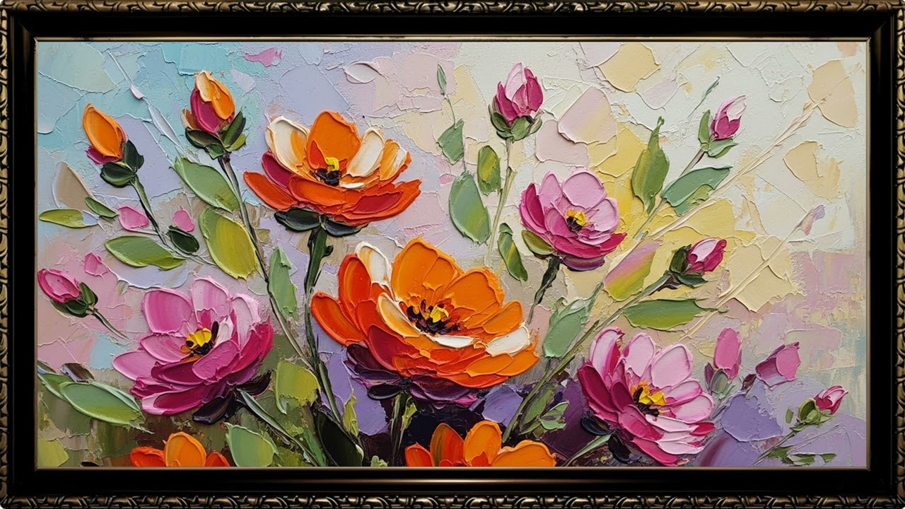 Vibrant Impasto Floral Canvas 4K | Textured Palette Knife Art Showcase