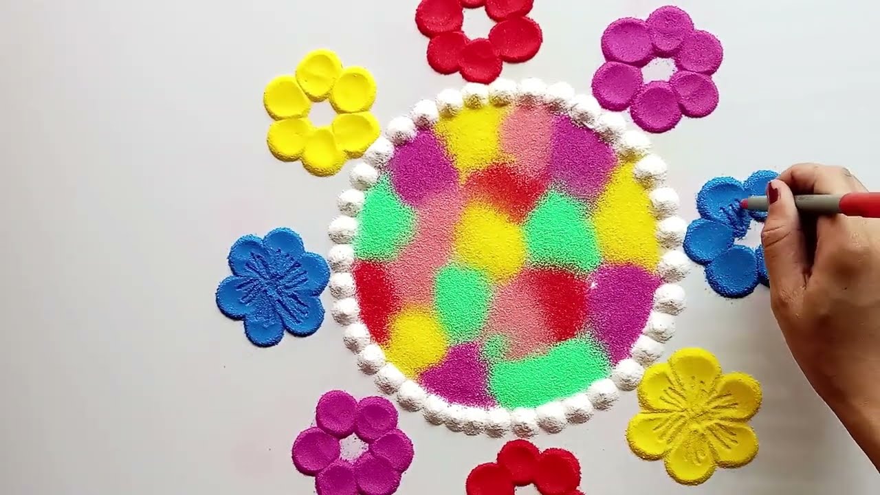 Happy Holi Rangoli Design 🌈 Easy & Beautiful Flower Rangoli Step by Step