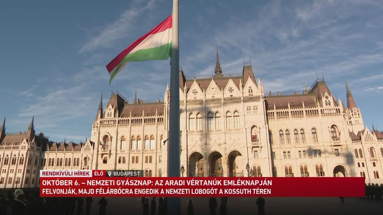 Az Aradi vértanúk emléknapján felvonják, majd félárbócra engedik a nemzeti lobogót a Kossuth téren