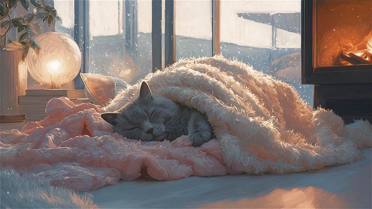 Close Your Eyes & Relax 💤 Sleeping Cat + Fireplace | Stress Relief Music
