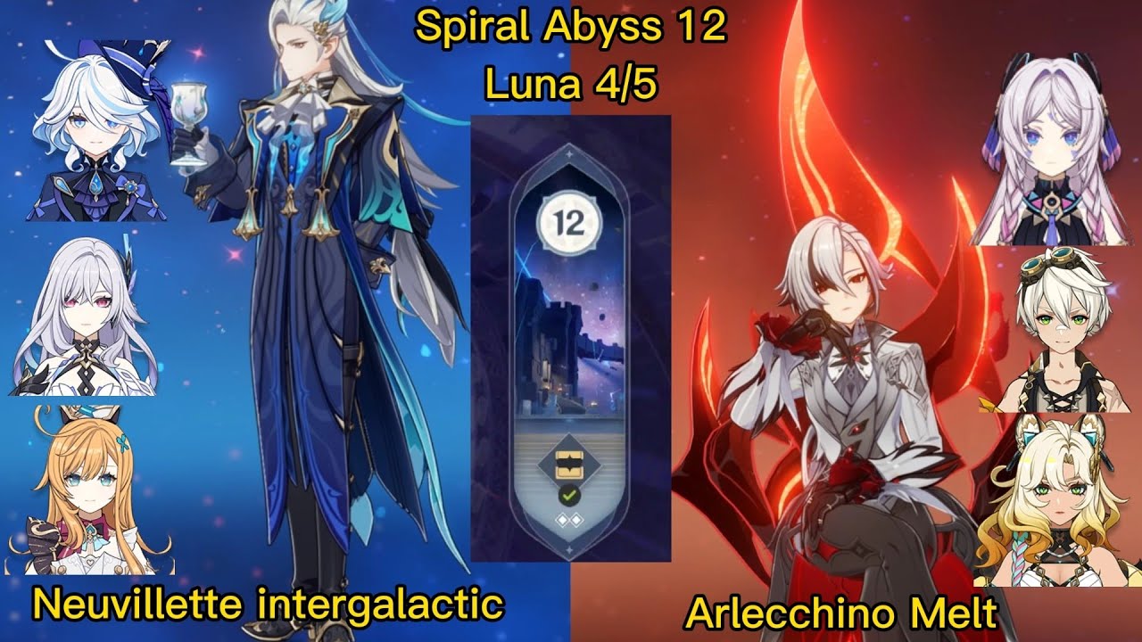 Genshin impact Abyss Luna 4/5 | C1 neuvillette Intergalactic & C0 Arlecchino Melt | Floor 12 9 stars
