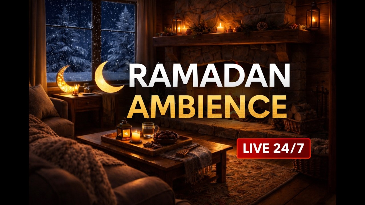 🌙 Cozy Ramadan Fireplace 24/7 🔥 Snowy Cabin Night Ambience | Study • Sleep • Relax