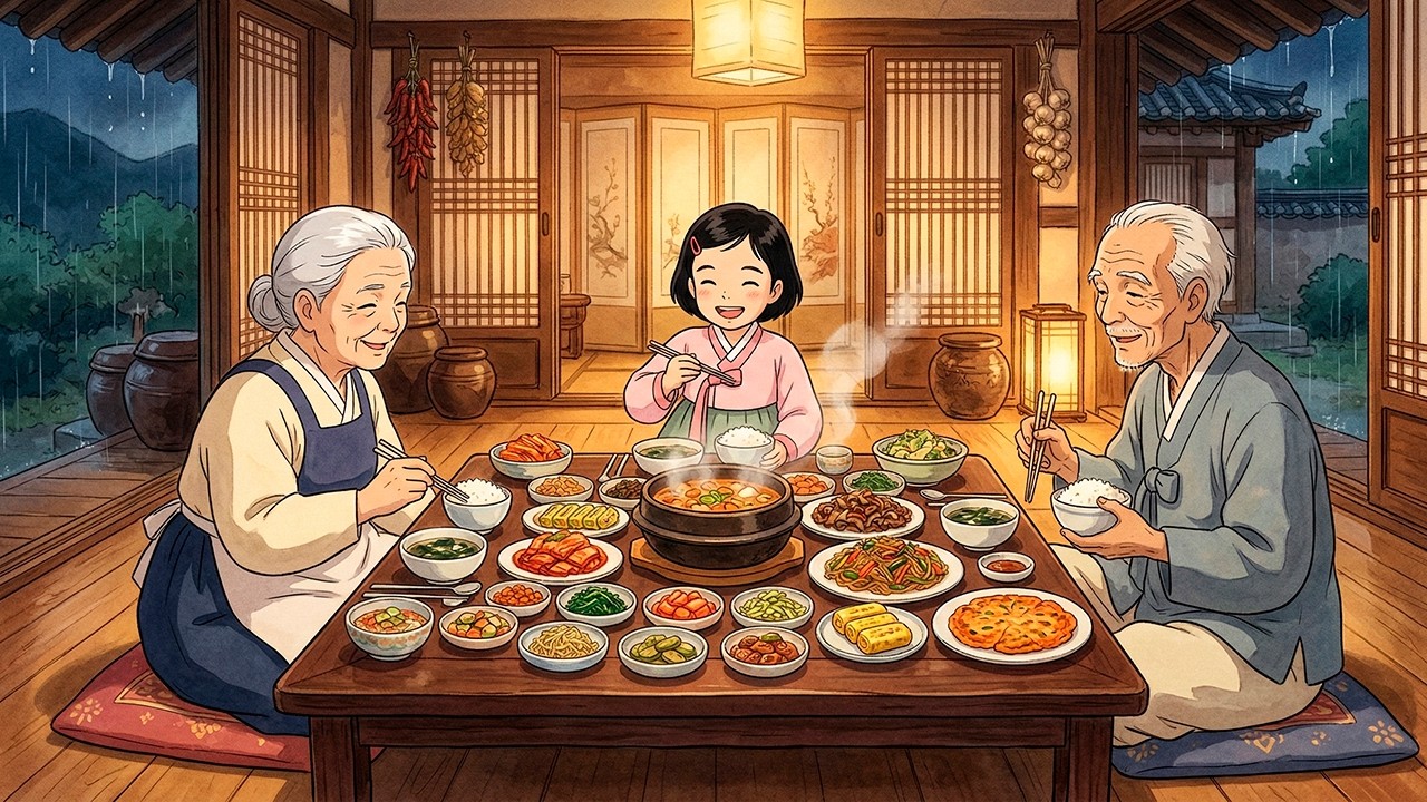 Traditional Korean Dinner Feast During a Mountain Storm 🍲 Traditional Hanok Cooking ASMR Rainstorm