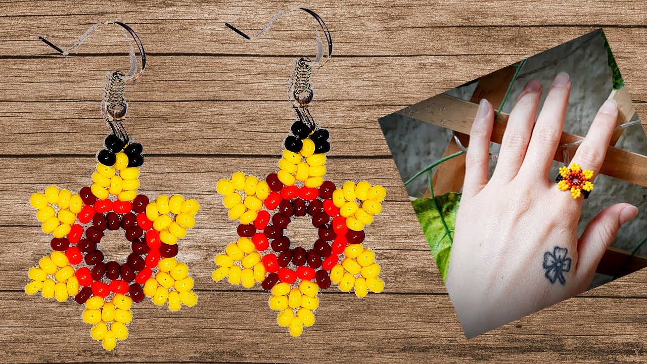 🌻Cómo hacer GIRASOLES en MOSTACILLAS || CONJUNTO de ARETES y ANILLO FÁCIL PASO A PASO !!