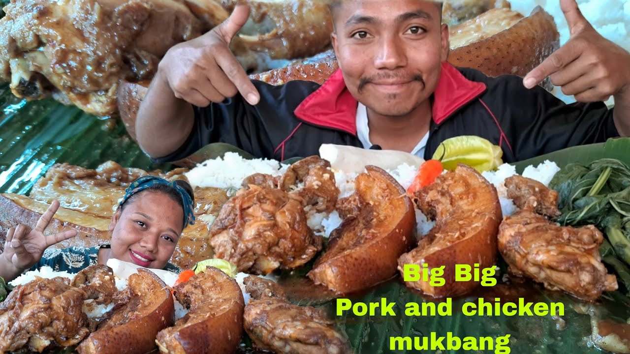 Big Big piece eating delicious pork belly and chicken leg piece with 1king @nagavillagefood