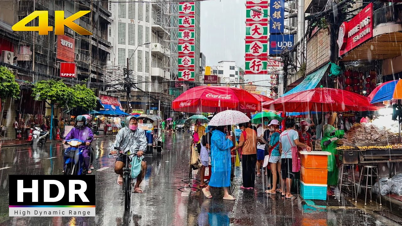 4K HDR // Heavy Rain in Chinatown Bangkok Walking Tour | iPhone 14 Pro Max | Thailand #ASMR
