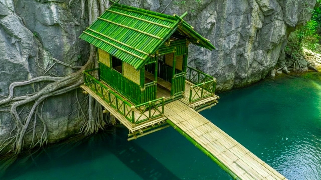 I Built A Bamboo House On A Tree Branch Extending Over The Stream, Cooking and Overnight.