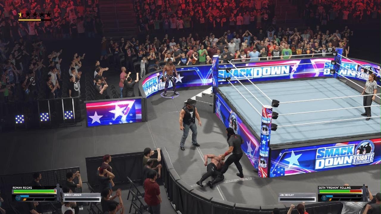 WWE 2K25 Reigns and Rollins brawl at ringside