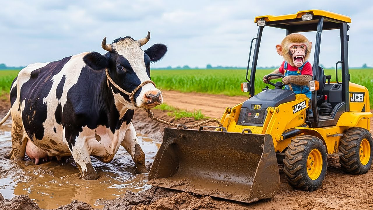 🐵 Monkey Nana the JCB 🚜 Excavator and the Unexpected Road 🛣️ Rescue of the Cow 🐄