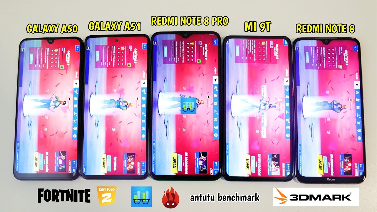 Galaxy A51 vs Galaxy A50 vs Redmi Note 8 PRO vs MI 9T vs Redmi Note 8 | Fortnite | antutu benchmark