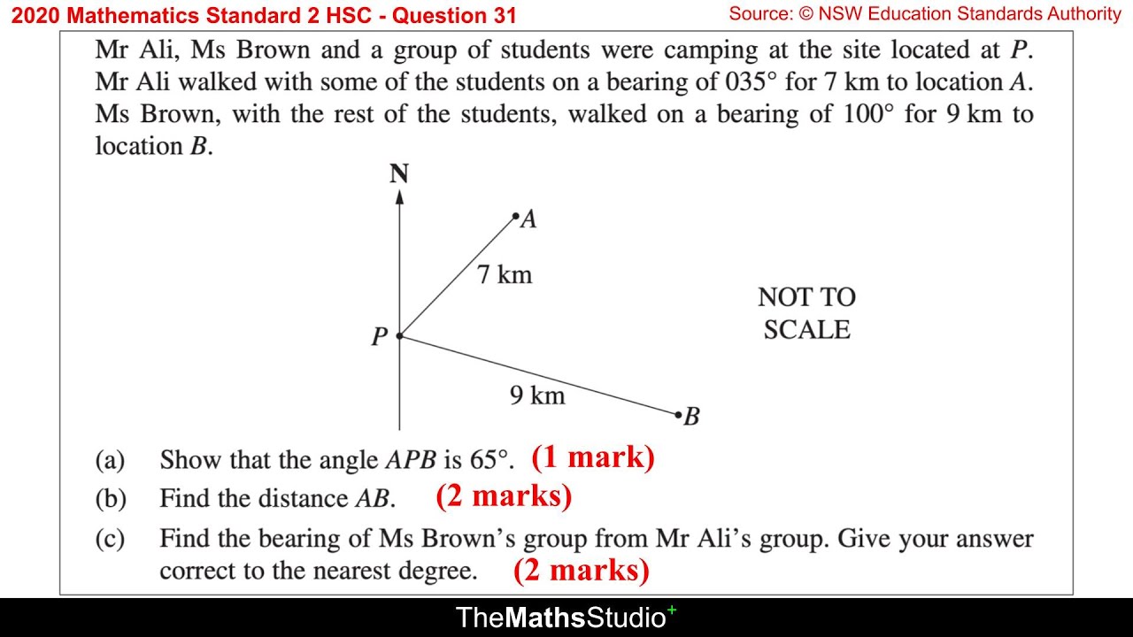 2020 Maths Standard 2 HSC Q31 Find bearing & distance between 2 points using sine rule