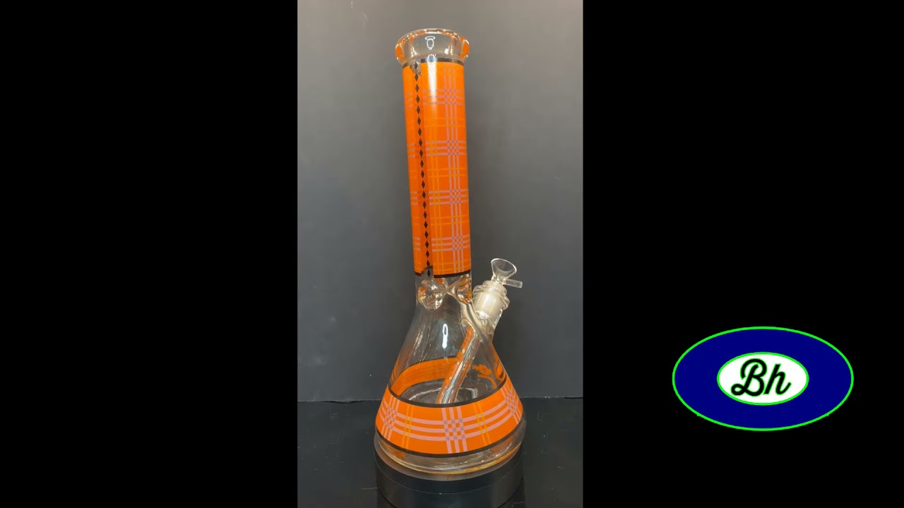 Bong Heaven MGM Glass Orange Plaid 12 inch Beaker Bong With Martini Bowl