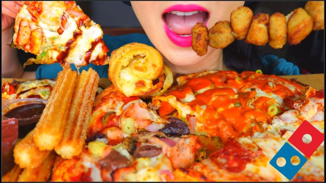 ASMR PIZZA FEAST DOMINOS AUSTRALIA, CHURROS, MEATBALLS, CHOCOLATE SAUCE, CHEESY  | 咀嚼音 먹방