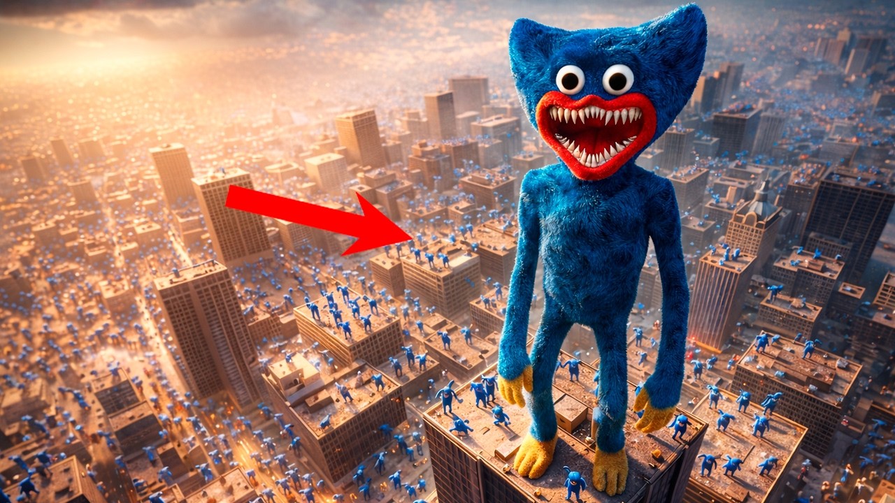 A giant Huggy Wuggy towers over the skyscrapers.