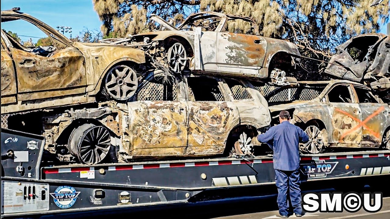 Dozens of Burnt Cars Towed From Pacific Palisades Following Devastating Fire