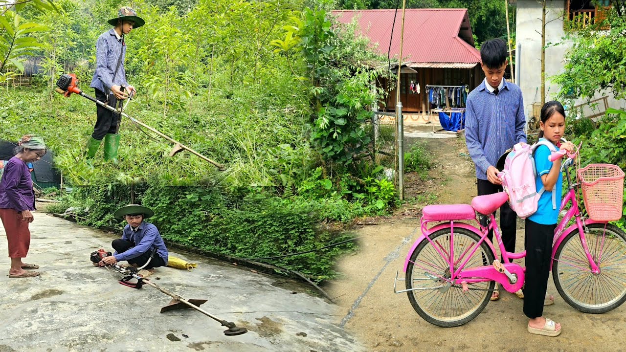 The orphan boy used a lawn mower to cut all the weeds around the house.