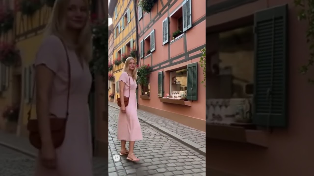 She strolls through the cobblestone streets of Colmar, France - Sora 2 #sora2 #travel