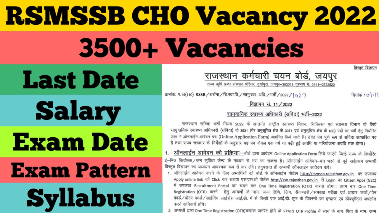 CHO Vacancy 2022 Rajasthan | RSMSSB Community Health Officer Recruitment 2022 Latest News Today