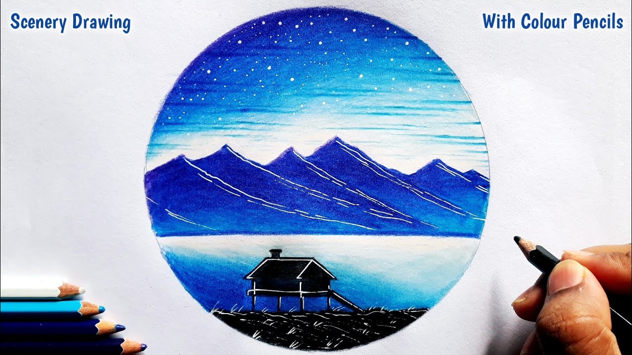 Pencil Colour Drawing - Of Easy Mountain Scenery | Easy Landscape Scenery - colour pencil drawing