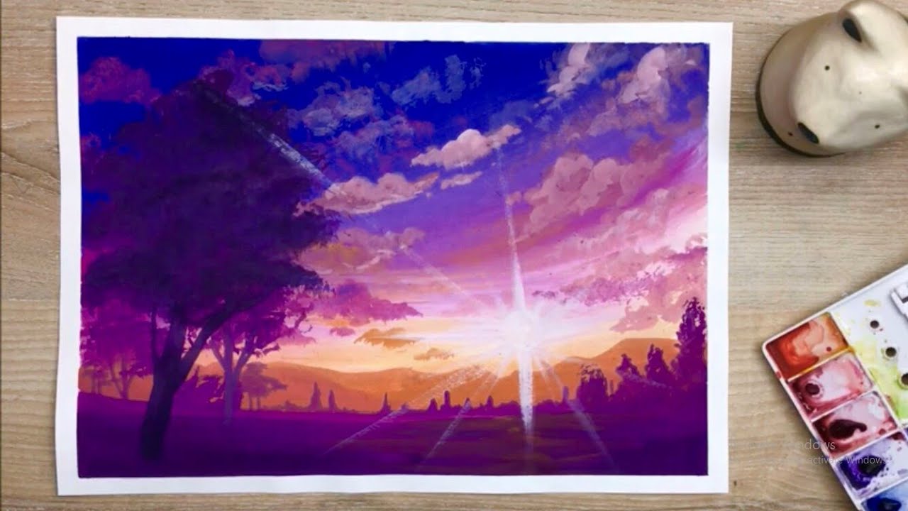 Ep.30 Easy Sunset Landscape Painting - สอนวาดภาพทิวทัศน์ตอนเย็น