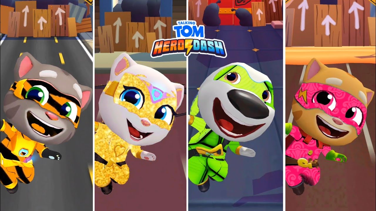 Talking Tom Hero Dash Tiger Tom vs Golden Angela vs Green Hank vs Pink Ginger Ultra Heroes Gameplay