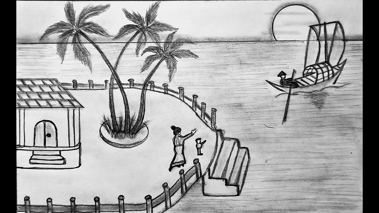 Pencil drawing of a house, the sea, and a boatman heading out to sea / Landscape drawing