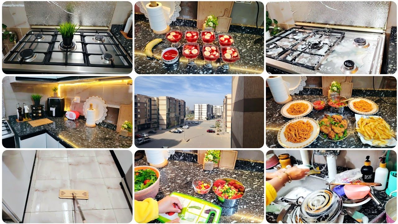 روتين🌿 يوم كامل في المطبخ ✨ تنظيف 🧼 طبخ 🍜 حلو 😍