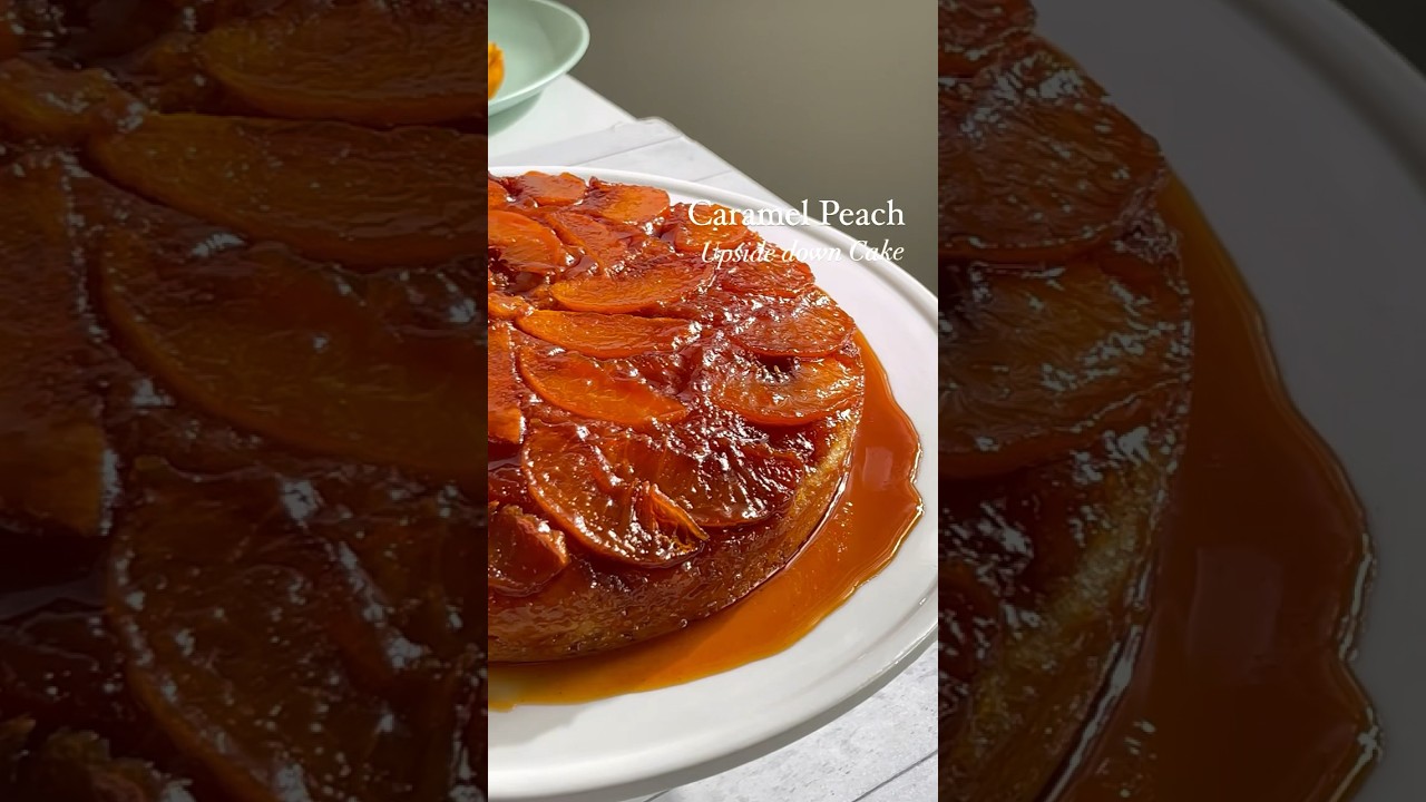 Caramel Peach Upside Down Cake #baking #bakingrecipes #peaches #cakerecipe