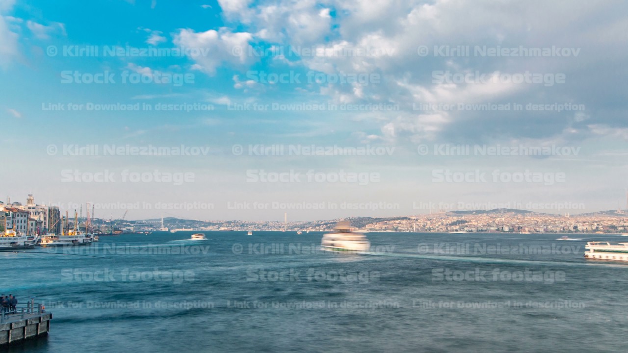 Tourist ship and ferris traffic on Bosphorus timelapse view from Galata Bridge in Istanbul, Turkey