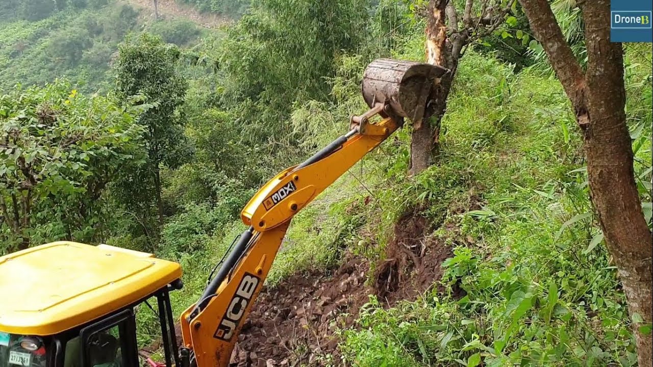 JCB Backhoe Loader VS TREE-Remote Hilly Road Construction-Backhoe Video