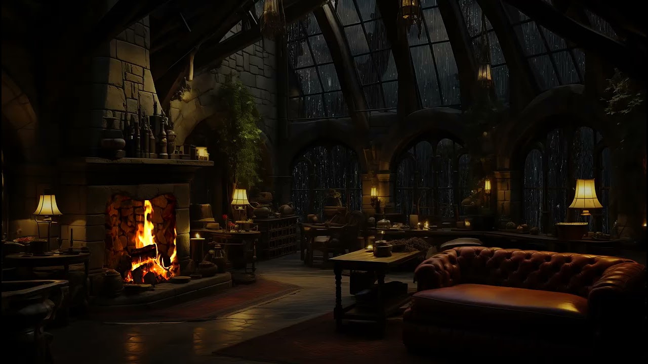 Stormy Rain and Warm Fireplace in Castle 🌧️ Calming Night Ambience for Stress Relief and Sleep