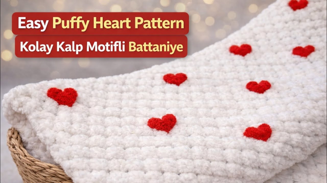 Easy Puffy Heart Pattern | Step by Step | Kalpli Battaniye | Kalp Motifi Anlatımı (Adım Adım)