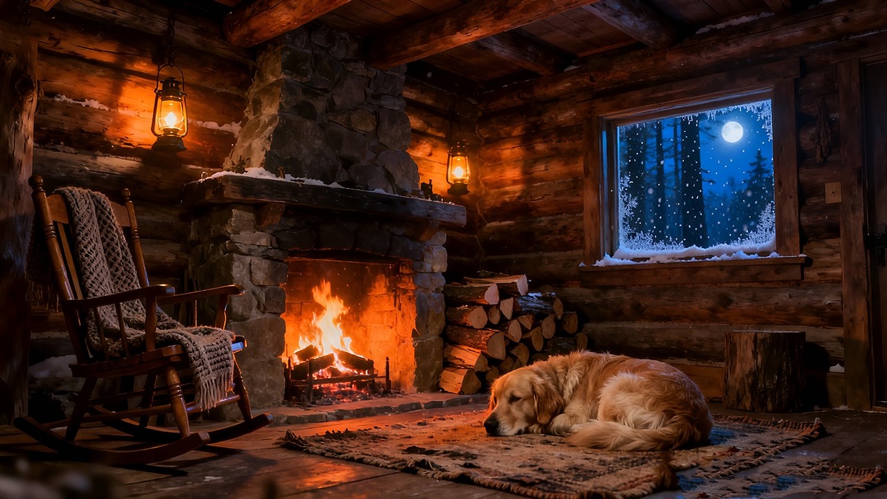 Cozy Winter Cabin Escape 🔥🐕 Smooth Jazz, Gentle Fireplace Crackles & Sleeping Dog for Study, Focus
