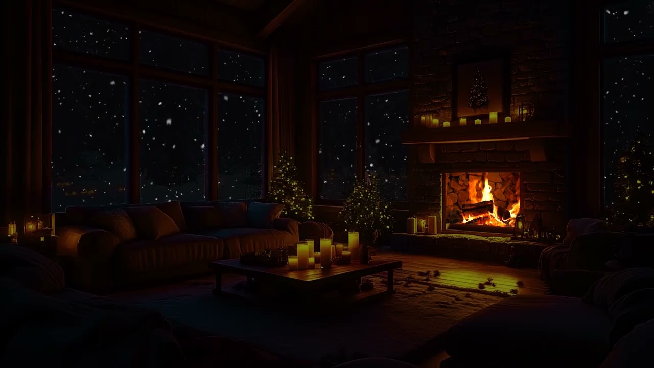Peaceful Snowy Cabin Ambience | Warm Fireplace Sounds and Winter Night Silence for Relaxation